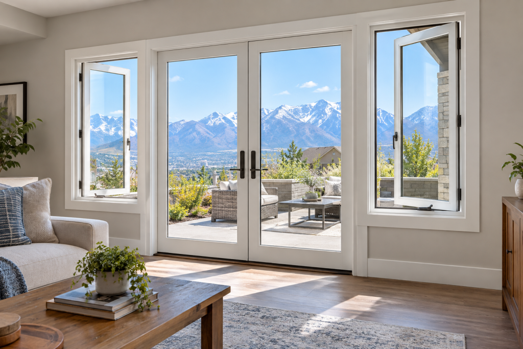 Patio door paired with casement windows in a Salt Lake City home