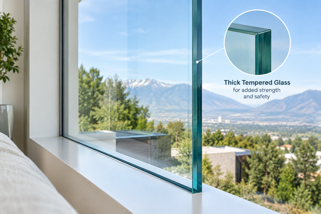 Thick tempered glass used in a frameless window