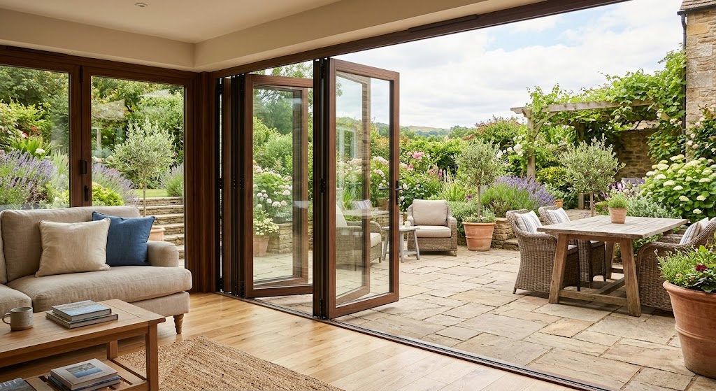 Hybrid folding door system opening to a patio
