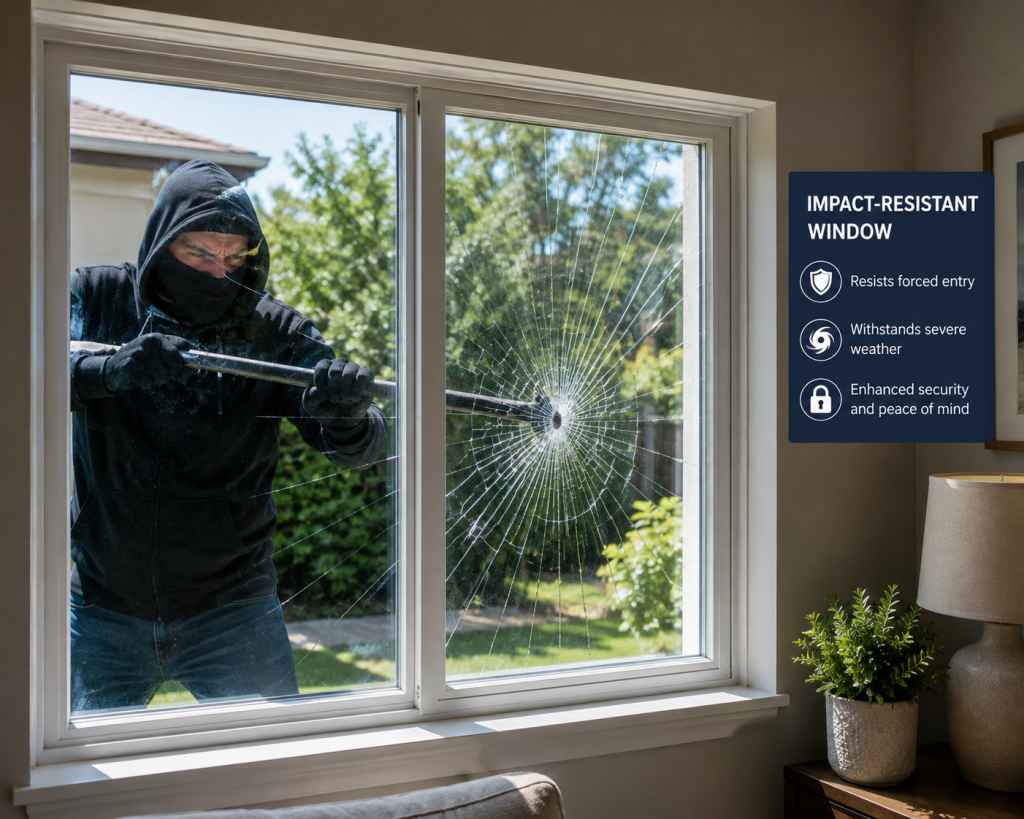 Impact-resistant window resisting forced entry