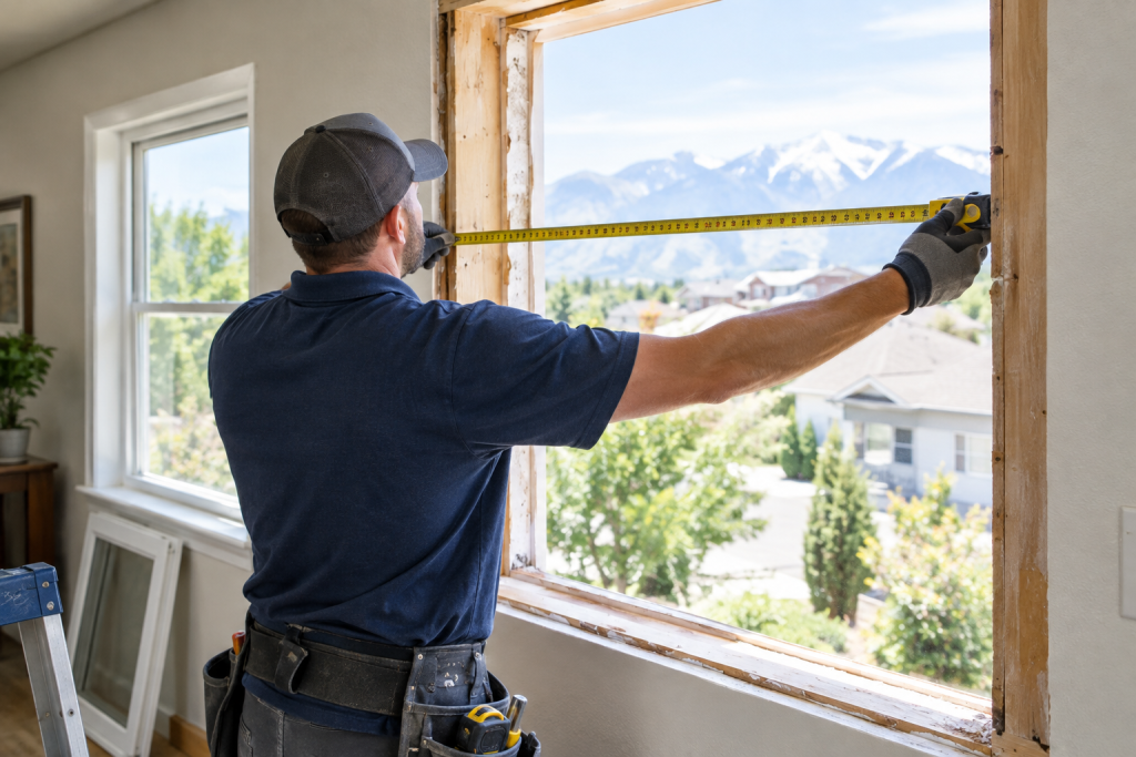 Installer measuring a window opening for replacement