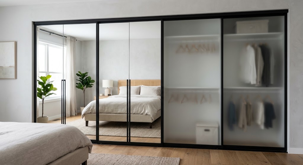 Mirrored and frosted glass closet door finishes