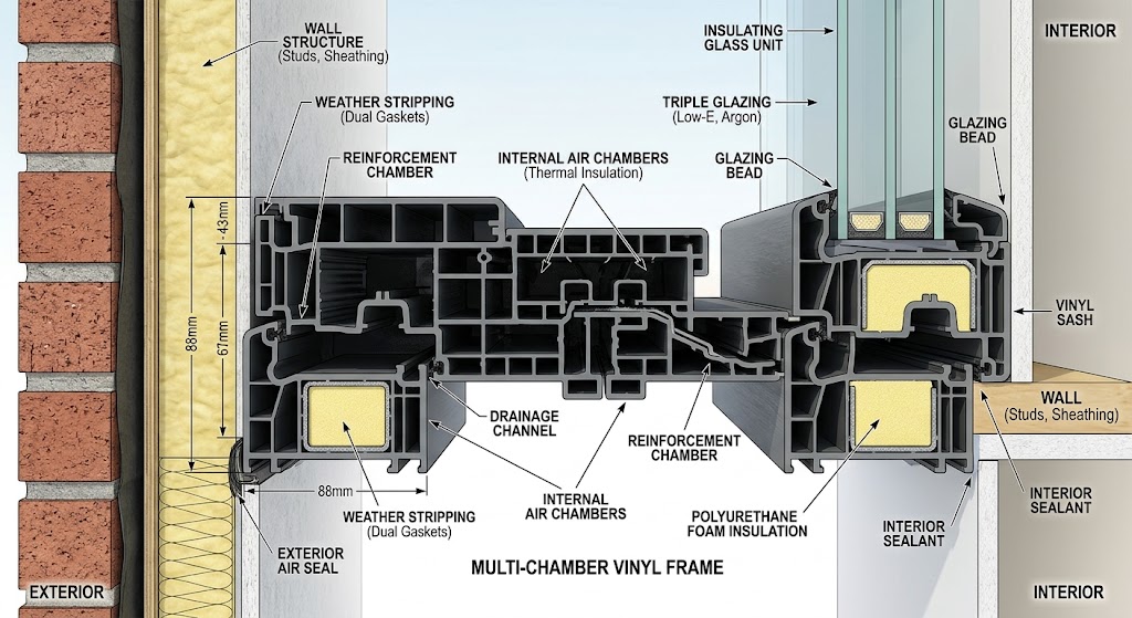 Multi-chamber vinyl frame cross-section showing insulation