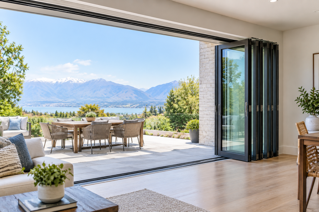 Multi-slide door panels stacked open at the wall