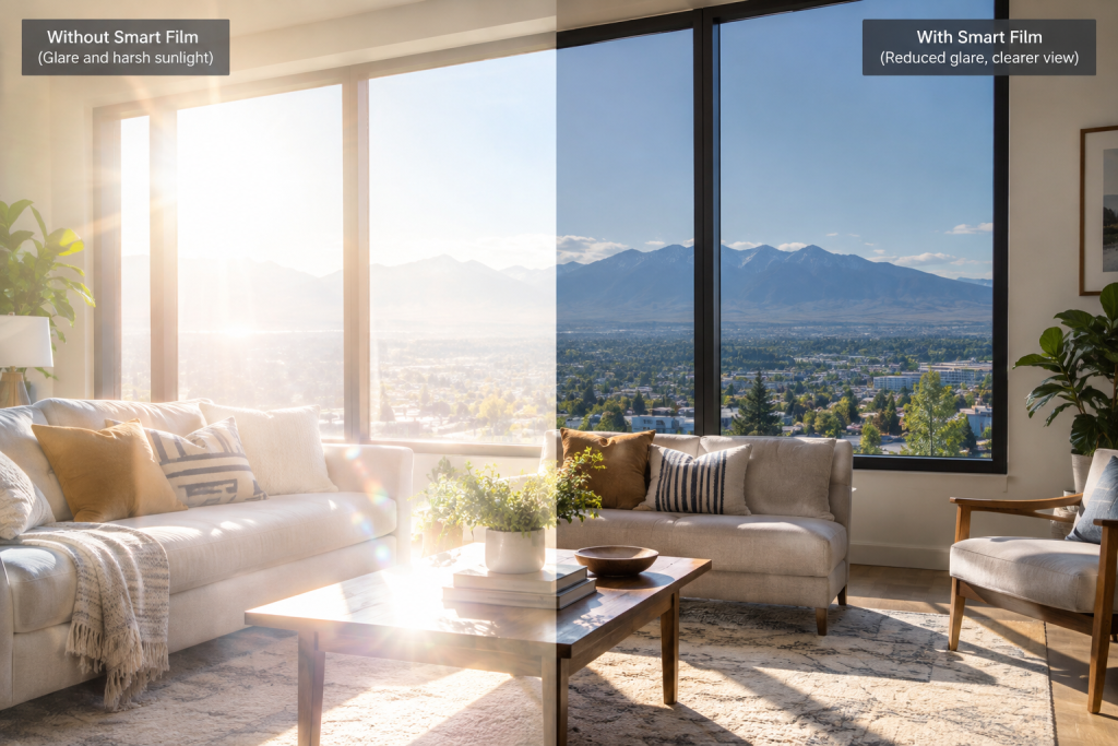 Smart film reducing glare in a sunlit living room