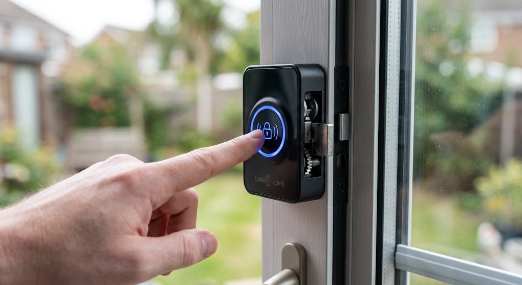 Close-up of a smart window lock engaging with a single touch