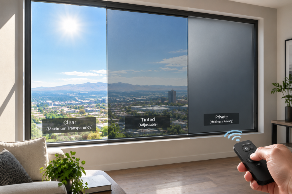 Smart window film adjusting transparency on a sunlit window