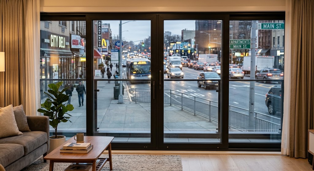 Sound-reduction glass patio door near a busy street