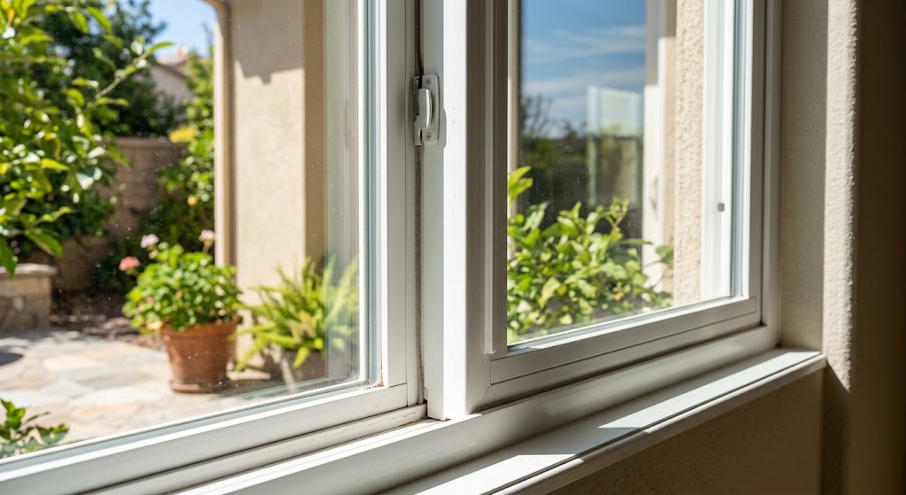 UV-resistant vinyl window frame in direct sunlight