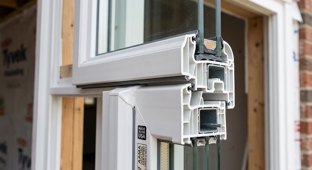 Close-up of quality vinyl window frame construction