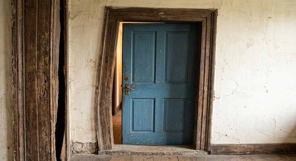 Warped door frame showing a visible gap