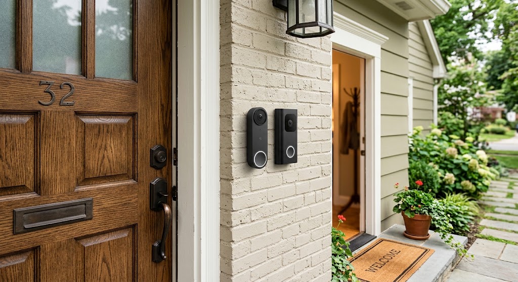 Wi-Fi doorbell camera mounted beside an entry door
