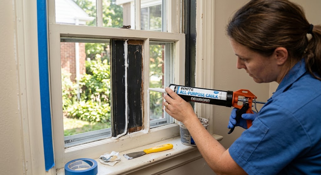 Applying fresh caulking around a window frame