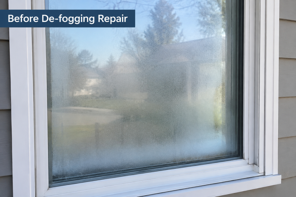 Foggy double-pane window before de-fogging repair