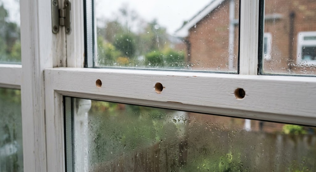 Small holes drilled in a window frame for de-fogging