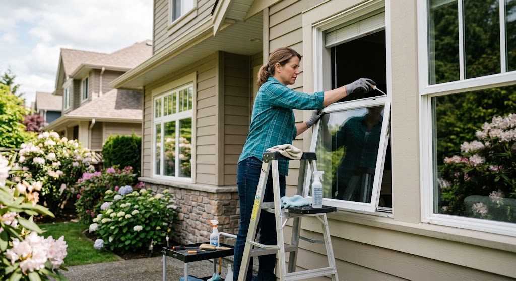 Homeowner performing window maintenance