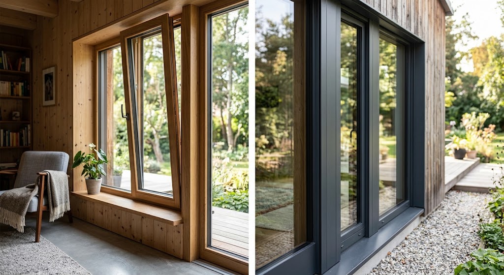 Wood interior and aluminum exterior window finish