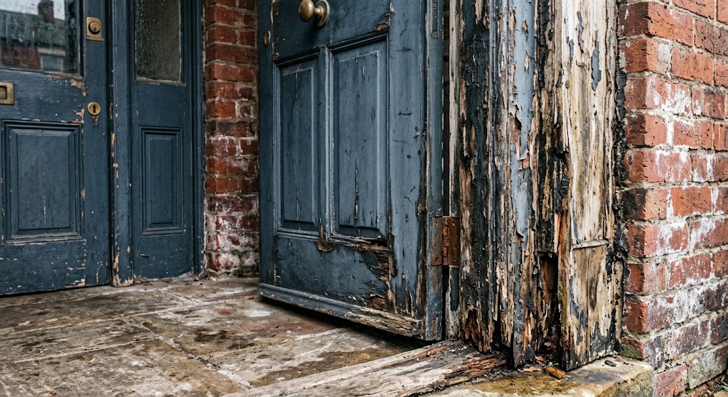 Worn front door frame showing moisture damage